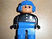 invID: 26887061 M-No: 4555pb062a  Name: Duplo Figure, Male Police, Blue Legs, Black Top with 3 Buttons and Badge, Blue Aviator Helmet and Nose Bow Line Down