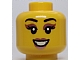 invID: 393925643 P-No: 28621pb0113  Name: Minifigure, Head Dual Sided Female Black Eyebrows and Eyelashes, Metallic Pink Eye Shadow and Lips, Smirk / Open Mouth Smile with Teeth Pattern - Vented Stud