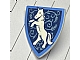 invID: 413858641 P-No: 3846pb044  Name: Minifigure, Shield Triangular  with Medium Blue Border, White Rearing Unicorn, Metallic Light Blue Filigree Pattern